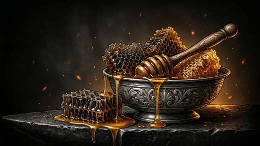 Dripping honeycomb over a pewter bowl on dark stone