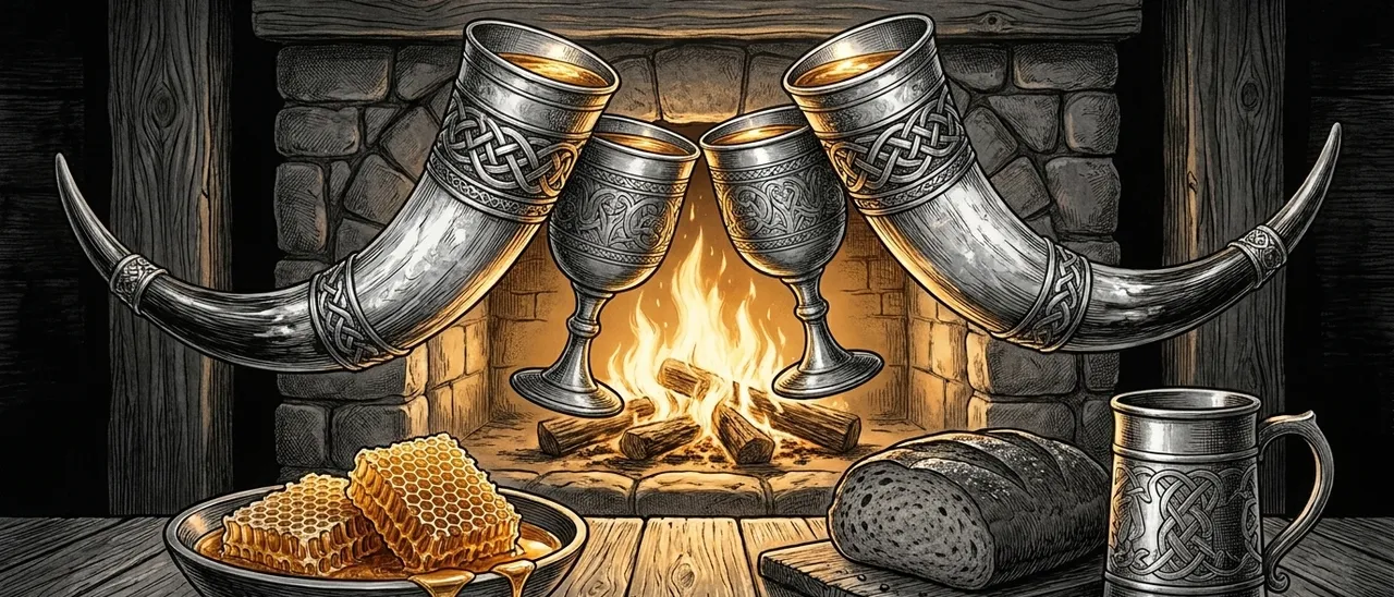 Drinking horns raised in a toast beside honeycomb and fresh bread by the fire